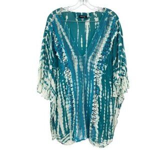 Turquoise Tie Dye Kaftan Crochet Lace Swimsuit Coverup Women’s Boho Top